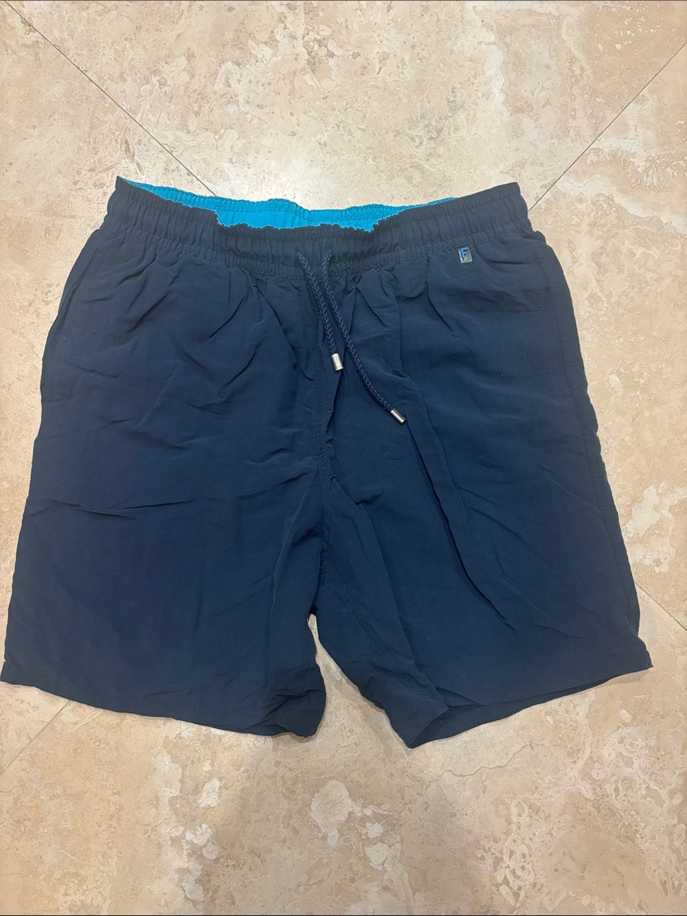Facconable Men's Navy Drawstring Swim Shorts with Turquoise Lining